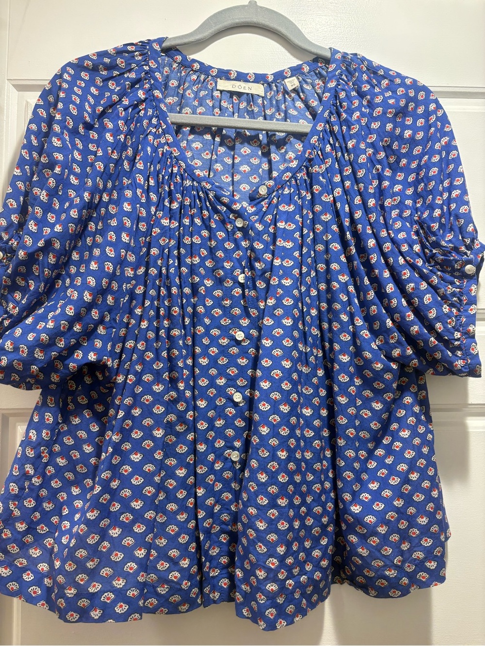 Doen June Royal Blue Floral Button-Front Peasant Top